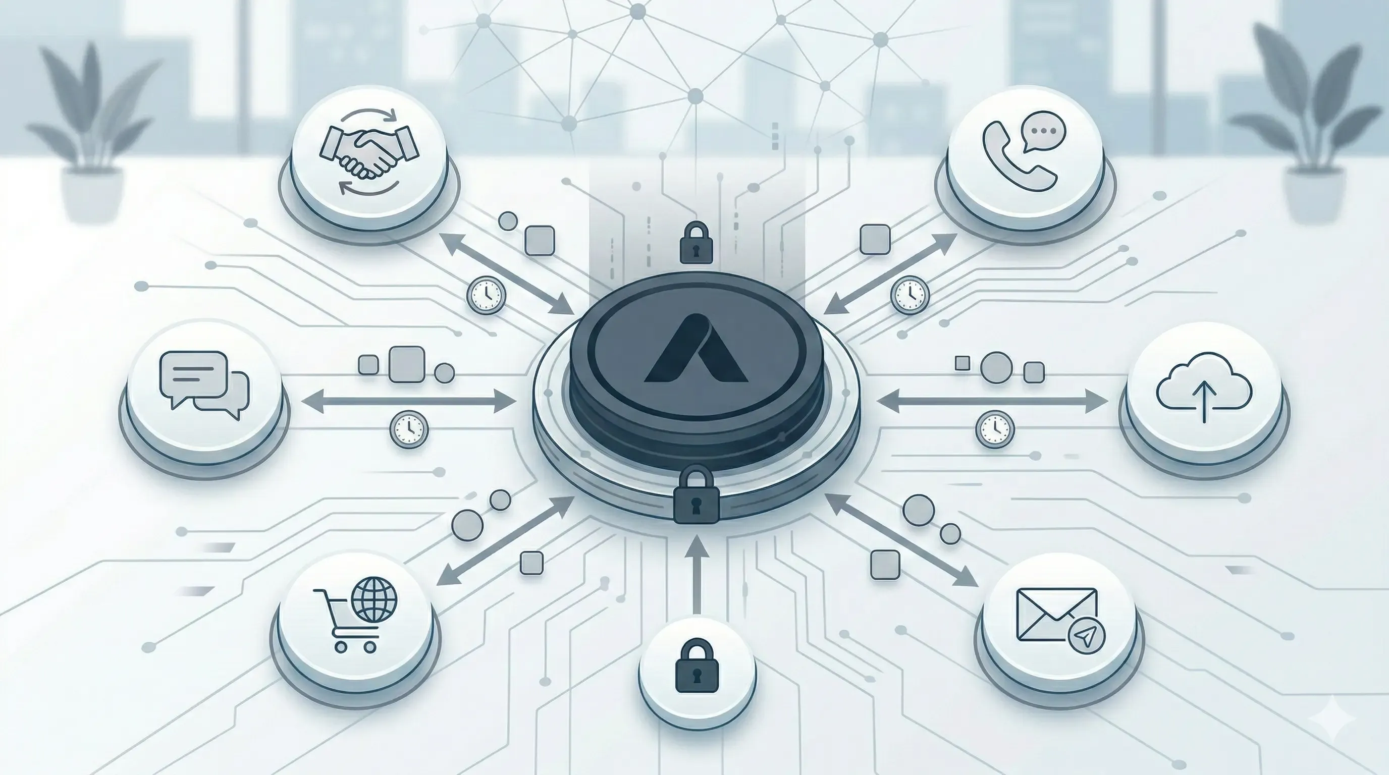 Systems integration diagram: CRM, ERP, 1C, telephony and marketplaces connected through an API