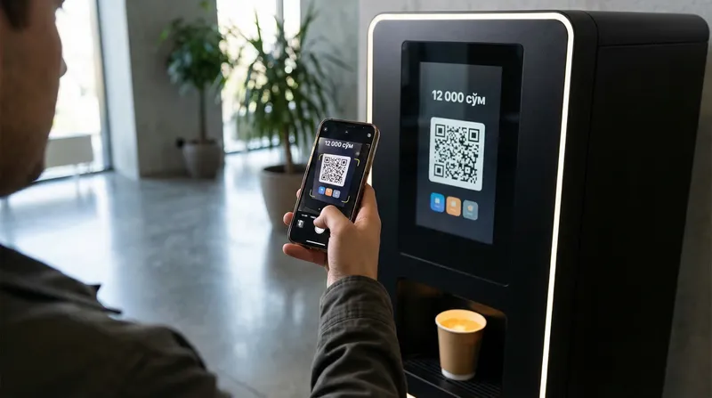 CoffeeBox vending avtomatida QR-kod orqali kofe uchun to‘lov
