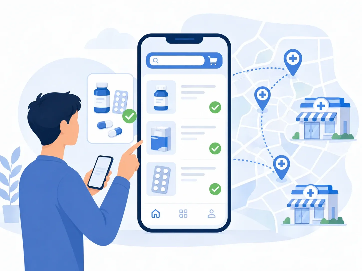A customer selects products in a pharmacy app: a catalog with stock and a map of pharmacies by branch