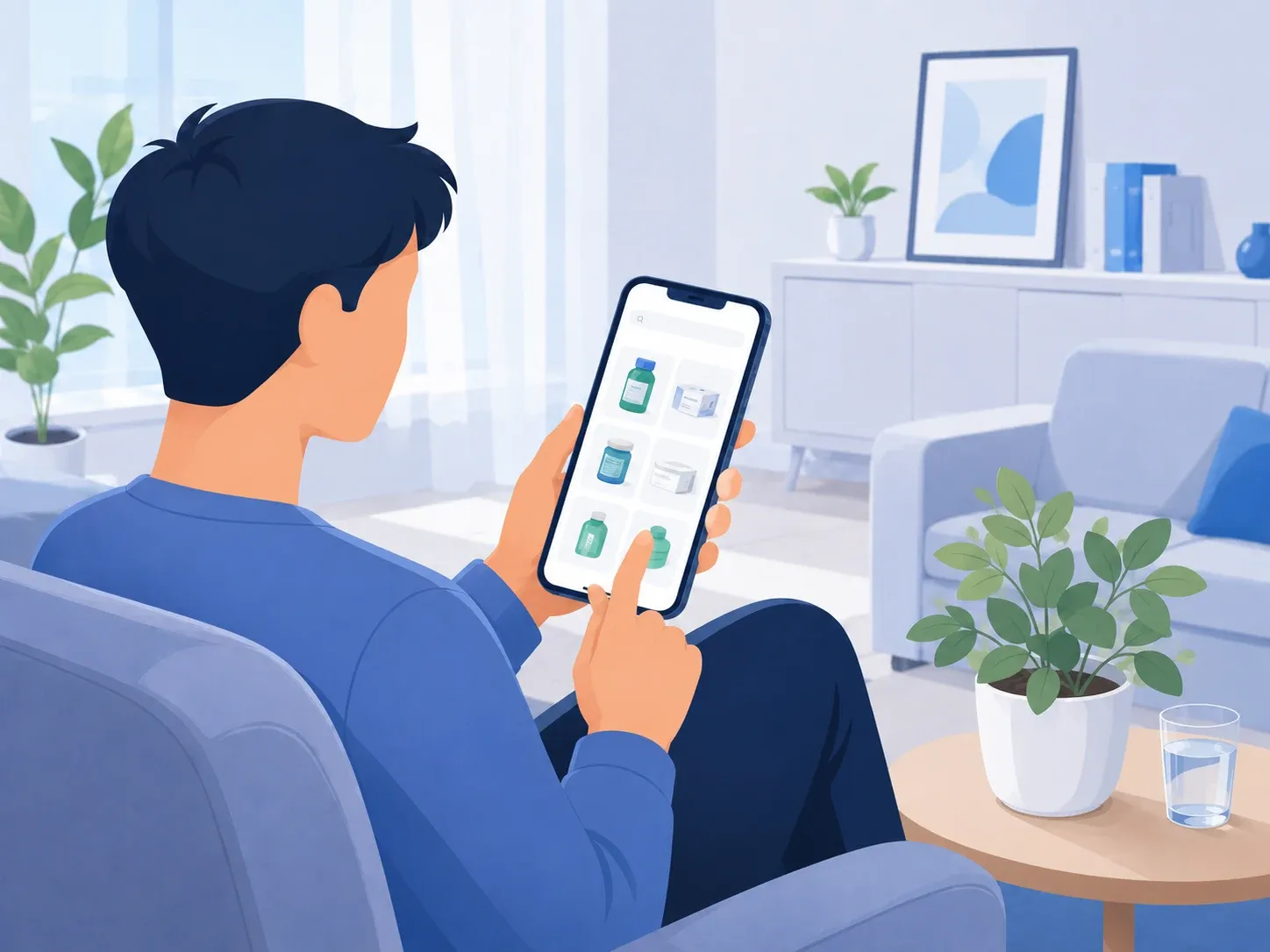 A pharmacy customer places an order in a mobile app: catalog, stock and delivery
