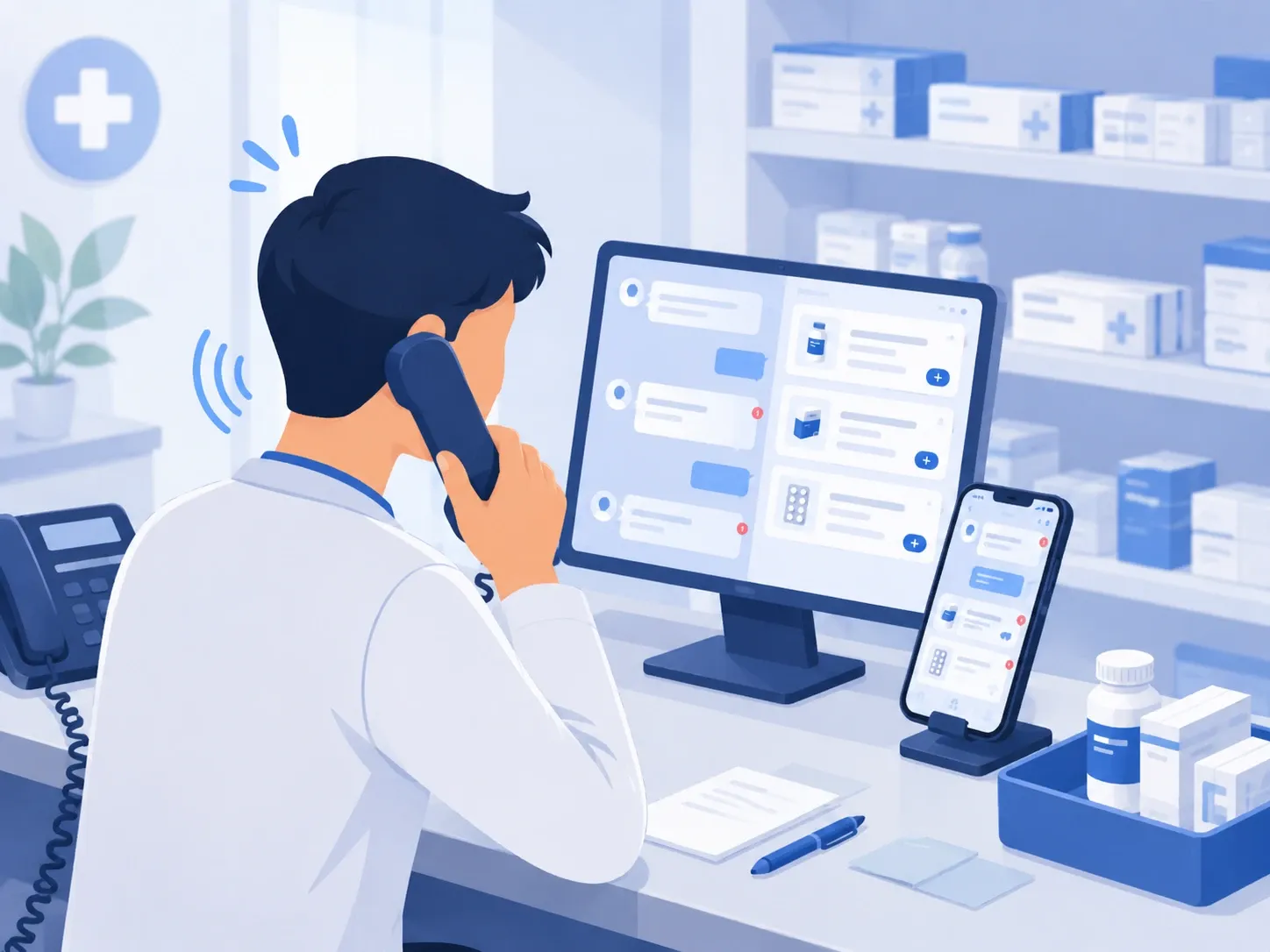 A pharmacy employee handles orders and customer questions by hand: phone, messaging and management panel