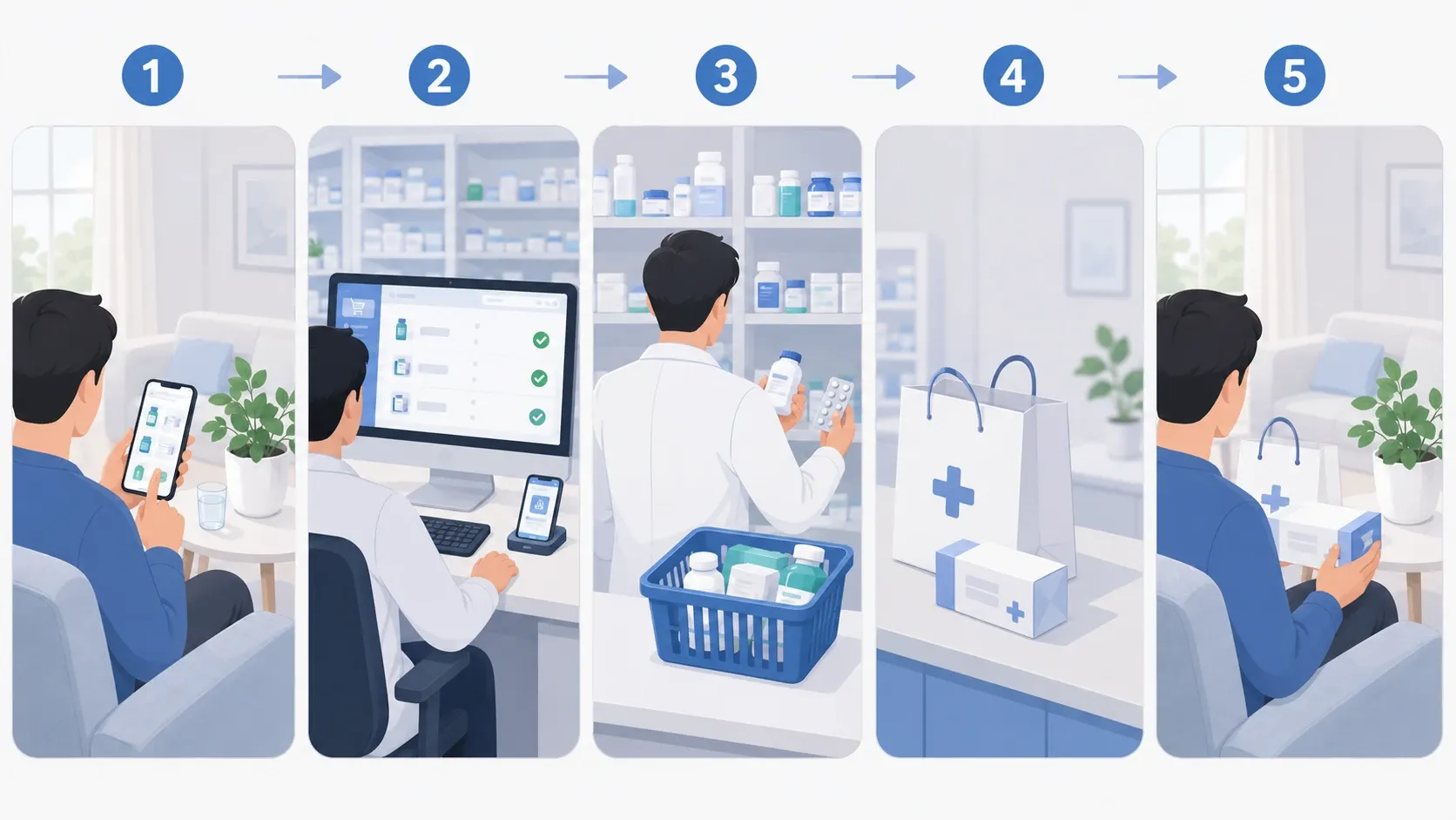 A pharmacy order path step by step: the customer places it in the app, the pharmacy accepts and assembles it, the order is ready, the customer picks it up